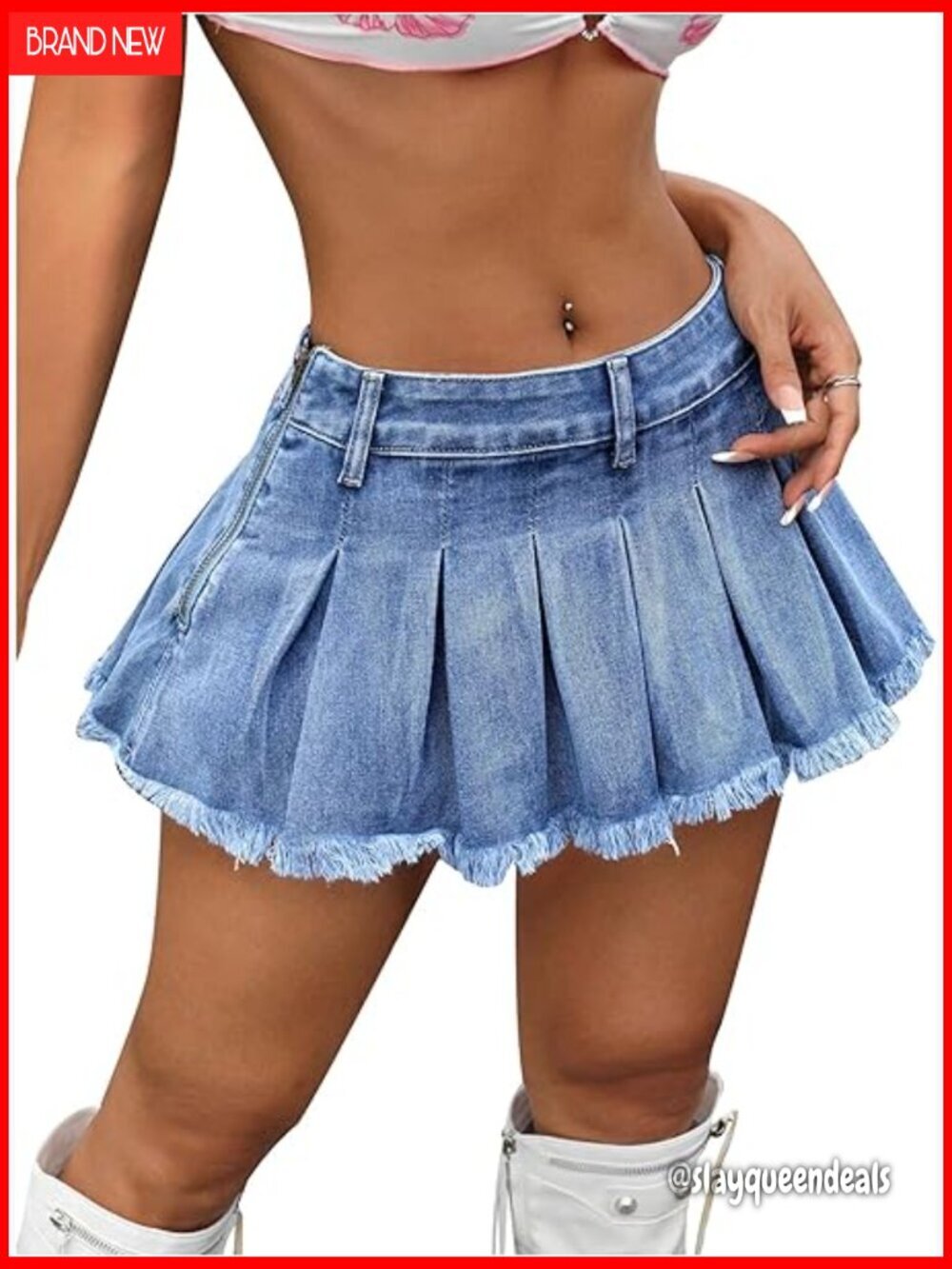 Low Waist Pleated Denim Mini Skirt Raw Hem Zipper Casual Ruffle